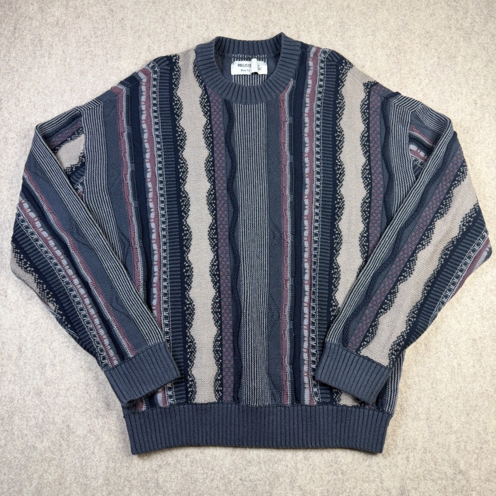 Hollister Boxy Fit Coogi Style Knit Sweater Blue Grey Small